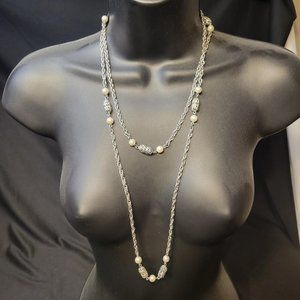 Vintage Faux Pearl Necklace 50" Sarah Coventry Chain Silver Tone Ornate Barrels